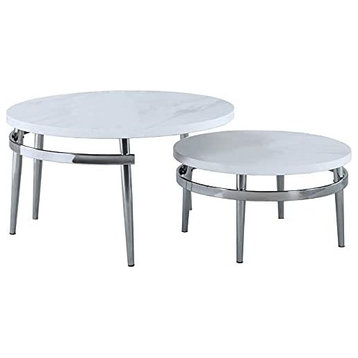 Set of 2 Coffee Table, Chrome Metal Legs With Rounded Faux Marble Top, White