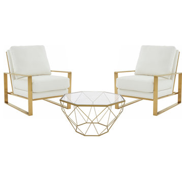 LeisureMod Jefferson Arm Chairs and Coffee Table with Gold Frame, White