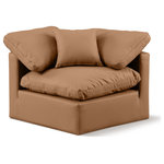 Meridian Furniture - Indulge Upholstered Modular Chair, Cognac, Fiber Stuffed Vegan Leather, Corner Chair - Experience ultimate comfort and style with our cognac vegan leather Indulge Corner Chair. The luxurious vegan leather will elevate the aesthetic of any room. This chair provides ample space for you to relax while its modular build offers the option of unlimited configurations. Whether you're looking to add a stylish element to your living room or a comfortable seating option to your bedroom, this chair is the perfect choice.