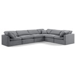 Meridian Furniture - Indulge Upholstered Modular L-Shaped Sectional, Grey, 6-Piece: 3 Armless Chair, 3 Corner Chair, Down Stuffed Velvet - Experience ultimate comfort and style with our grey velvet Indulge Sectional. The luxurious velvet will elevate the aesthetic of any room. This sofa provides ample space for you to relax while its modular build offers the option of unlimited configurations. Whether you're looking to add a stylish element to your living room or a comfortable seating option to your bedroom, this sofa is the perfect choice.