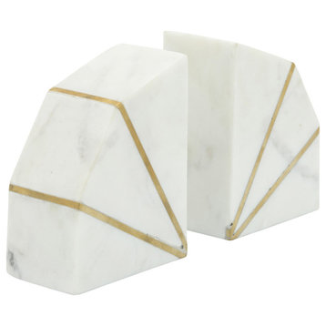 2-Piece Set Marble 4"H Accent Bookends With Gold Inlays, White