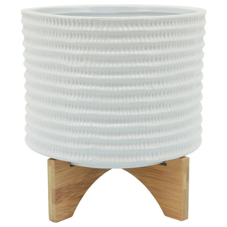 Ceramic Planter With Textured Pattern and Wooden Stand, White