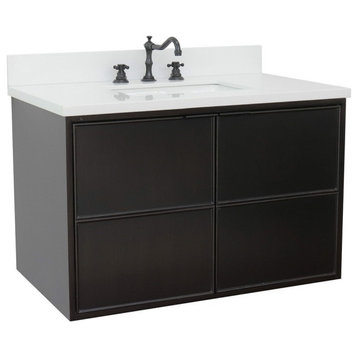 37" Single Wall Mount Vanity, Cappuccino Finish With White Quartz Top