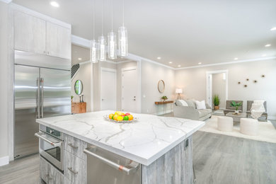 Mid-sized minimalist u-shaped vinyl floor and gray floor open concept kitchen photo in New York with flat-panel cabinets, gray cabinets, quartzite countertops, an island, multicolored countertops, multicolored backsplash, glass tile backsplash, stainless steel appliances and an undermount sink