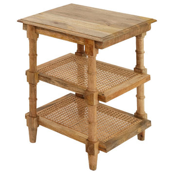 Chesterfield Wood and Cane 3 Shelf Accent Table, Natural Mango