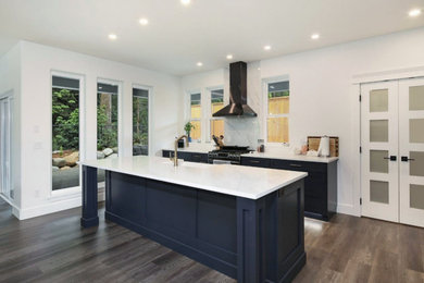 Kitchen - kitchen idea in Other with shaker cabinets, quartz countertops, stainless steel appliances, an island and white countertops
