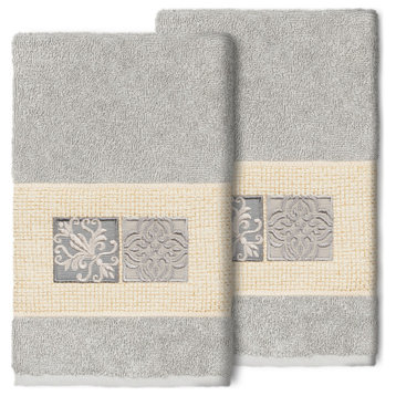 100% Turkish Cotton Vivian 2-Piece Embellished Hand Towel Set, Light Gray