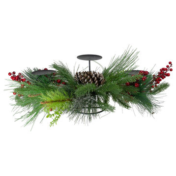 32" Iced Mixed Pine Berries and Pine Cones Christmas Pillar Candle Holder