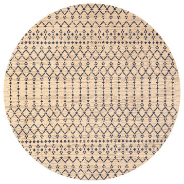 Ourika Moroccan Geometric Indoor/Outdoor Rug, Beige/Navy, 5' Round