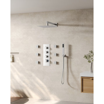 Thermostatic Shower System 12" Rain Shower Head with Rough-in Valve & Body Jets, Brushed Nickel