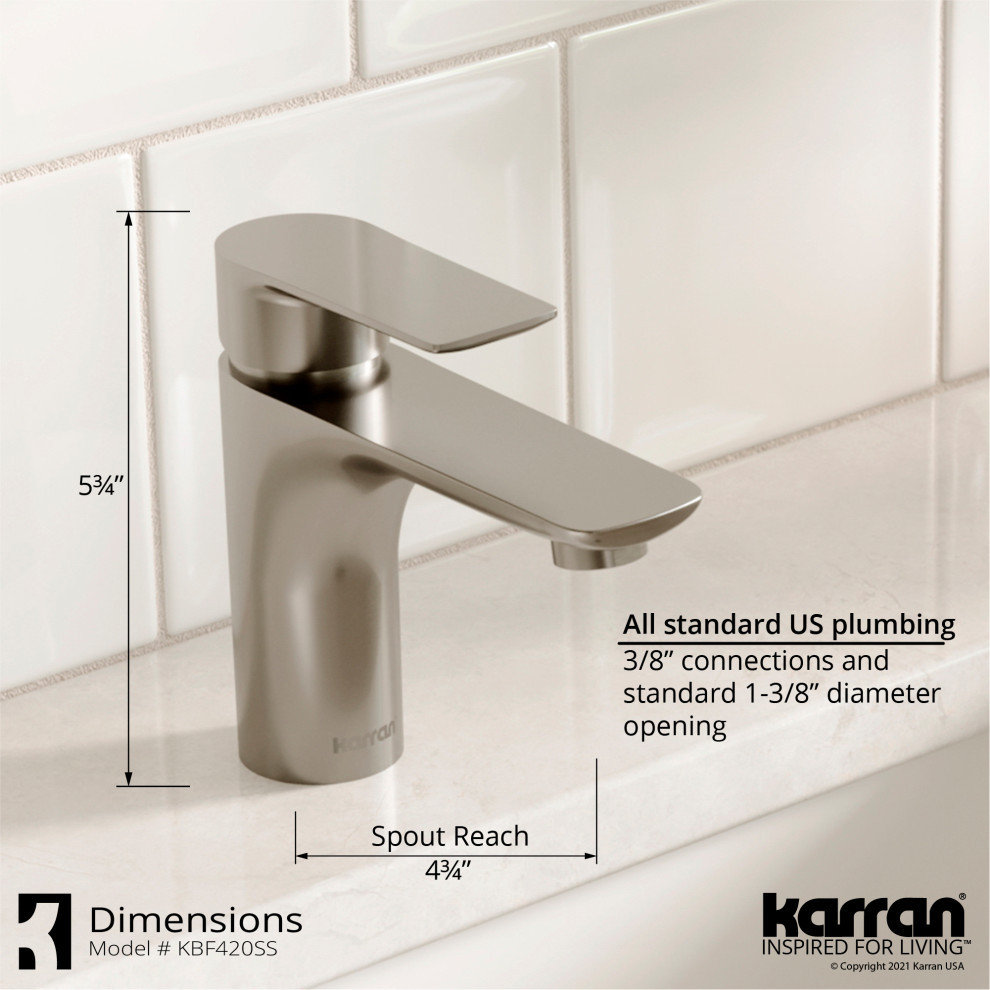 Karran KBF420 1-Hole 1-Handle Basin Faucet With Pop-up Drain, Stainless Steel