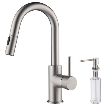 Luxe Single Handle Pull Down Kitchen & Bar Faucet, Brush Nickel W/ Soap Dispenser