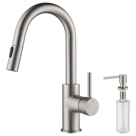 Luxe Single Handle Pull Down Kitchen & Bar Faucet, Brush Nickel W/ Soap Dispenser