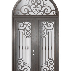 Barcelona 72x96 Wrought Iron Steel Double Door and Half Round Transom - Front Doors
