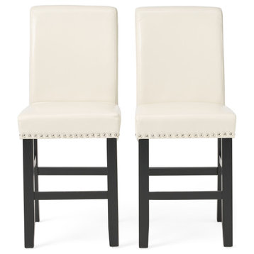 Perrin Contemporary Upholstered Counter Stools with Nailhead Trim (Set of 2), Ivory, Faux Leather