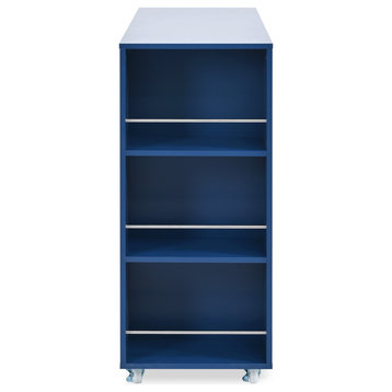 Rubberwood Kitchen Cart, Extended Table, LED Light and Power Outlet, Navy Blue