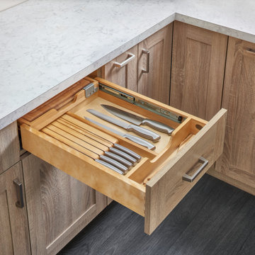 Knife block and cutting board combination, drawer insert