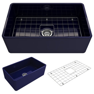 30 in. Single Bowl Kitchen Sink with Bottom Grid,Strainer in Sapphire Blue