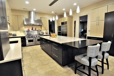 This is an example of a large modern u-shaped eat-in kitchen in Other with an undermount sink, flat-panel cabinets, light wood cabinets, brick splashback, stainless steel appliances, porcelain floors, with island, beige floor and beige benchtop.