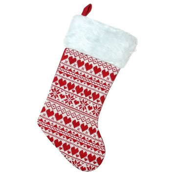 15" Heart and Snowflake Knit Christmas Stocking With White Cuff