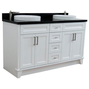 61" Double Sink Vanity, White Finish And Black Galaxy Granite And Round Sink