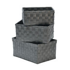 Checkered Woven Strap Storage Baskets Totes Set of 3, Gray