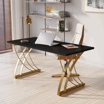 Modern Wooden Computer Desk Rectangular Office Desk with Gold Frame, Black, Medium