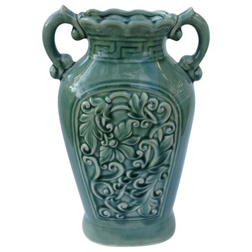 Fine Ceramic Green Ancient Aged Floral Embellished Asian Water Container