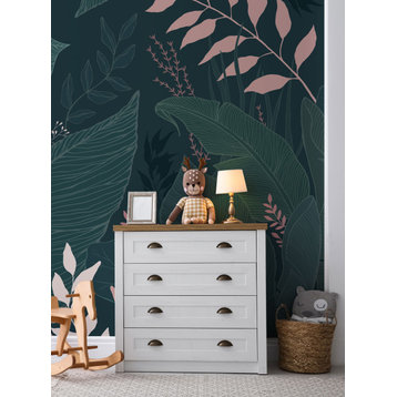 Hand Drawn Floral Leaves Peel and Stick Vinyl Mural Wallpaper, Forest Pink, 24"x108"