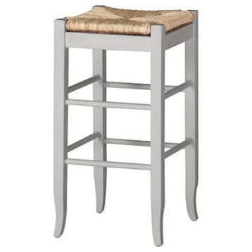 Square Wooden Frame Barstool With Hand Woven Rush, White And Brown