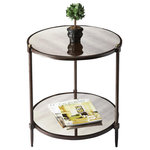 Butler - Butler Peninsula Mirrored Side Table - This transitional side table is a beautiful accent in any space. The all metal frame construction features a pewter finish with gold undertones together with gold knob accents along the top. The antiqued mirror top and lower shelf provide character and distinctive style.