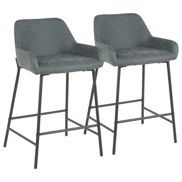 Daniella Industrial Counter Stool in Black Metal, Green Faux Leather, Set of 2
