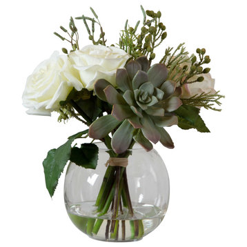 Gorgeous Faux Floral Modern Bouquet Glass Sphere Vase Cream Roses Succulent