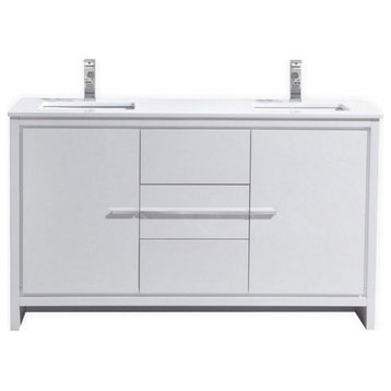 60" Double Sink High Gloss White Modern Bathroom VanityWhite Quartz Counter-Top