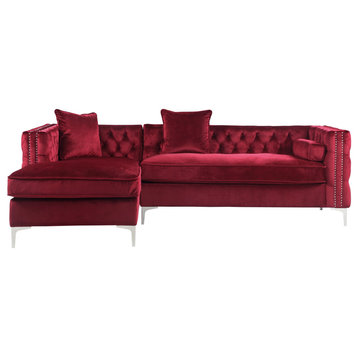 L-Shaped Sofa, Button Tufted Velvet Seat With Nailhead Trim, Red, Left Facing