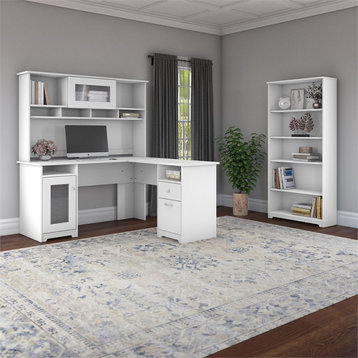 Atlin Designs 60" Desk with Hutch and 5 Shelf Bookcase in White