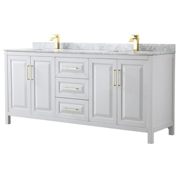 80" Double Bath Vanity, White, White Carrara Countertop, Sinks, Gold Trim
