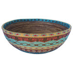 Bindah - Ata Jumbo Bowl Sunset Surf - Stunning showpiece for entry, living room table, anywhere to be seen!  This jumbo-sized hand-woven ata bowl is hand-sewn on the exterior with colorful turquoise, red, and gold round glass beads.  The ata vine bowl is strong and beautiful to utilize functionally as well as being considered visual art.