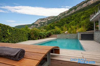 Cette image montre un piscine avec aménagement paysager design de taille moyenne et rectangle avec du carrelage.