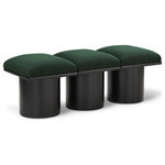 Meridian Furniture - Pavilion Black Boucle Fabric Bench, Green, Black Finish, 46.5" W X 18" D X 17.5" H - Bring valuable seating and remarkable style to your space with this green Pavilion Boucle Fabric Bench, an exquisite balance of style and usability for the entryway, bedroom, and beyond. Crafted from oak veneer with a black finish, this bench has a 4-inch-thick seat cushion that's channel-tufted for a touch of luxury. The bench's columnar bases add a dash of Art Deco design, making it a captivating focal point in any room.