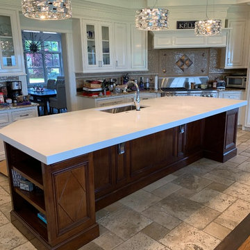 Calacatta Quartz;largest quartz island installed with no seam at more than 11 ft