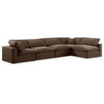 Meridian Furniture - Comfy Upholstered L-Shaped Modular Sectional, Brown, 5-Piece: 3 Armless Chair, 2 Corner Chair, Velvet - Give your space a whole new look with this brown Comfy velvet sectional. This handsome sectional fits nicely with other items in the Comfy collection and is a versatile seating option designed for adaptability, comfort and style. Wrapped in rich brown durable velvet upholstery, this sectional offers a plush embrace of overstuffed down feather cushions, carefully crafted to deliver the highest level of comfort. The perfect seat for creating an oasis for relaxation, this sectional has thick foam surrounding its frame for added support and coziness.