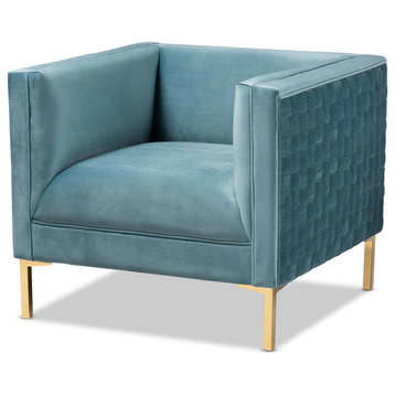 Luke Glam and Luxe Light Blue Velvet Fabric Upholstered Gold Armchair
