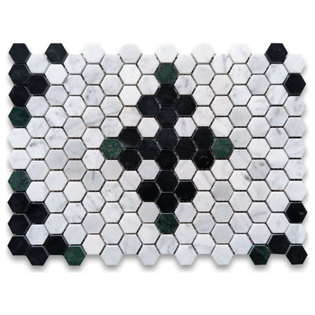 Carrara White Marble Hexagon Starlight Mosaic Tile Black Green, 1 sheet