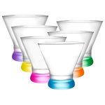 JoyJolt - Hue Colored Stemless Martini Glasses 7 oz, Set of 6 - When we say HUE Martini Glasses are a little different and a lot more fun, we're not just talking about their bright jewel-like bases. Of course, there's no doubt it will obviously 'wow' anyone who holds it. But it's the things you can't see that you'll also love. Things like: how it feels in your hand, drink from, and ability to toast! Wine tags are great for a stemmed wine glass, and chalk labels are fine for kids, but for a stemless glass and a dignified occasion, those things are impractical. So we curated 6 bejeweled colors into one elegant martini glass set that keeps track of drinks without looking garish. And if you have more than 6 guests, order 2 or 3 sets, and simply add a matching gem sticker or two, to their glass! (*stickers not included). Keep it classy while keeping it personalized and fun with these 8oz glasses.
