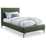 Meridian Furniture - Gallo Vegan Leather Upholstered Bed, Green, Twin - Indulge in the comfort and luxury of the Gallo Vegan Leather Twin Bed, and transform your bedroom into a haven of relaxation. This exquisite piece boasts a luscious premium soft green vegan leather exterior that exudes elegance and sophistication. Its water-resistant and anti-scratch properties ensure durability and long-lasting beauty. The deep channel tufting adds depth and texture to the overall design, while the sleek black metal legs elevate its character and charm to new heights.