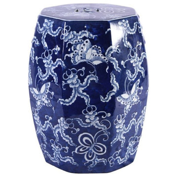 Legend of Asia Blue And White Octagonal Butterfly Garden Stool 1329