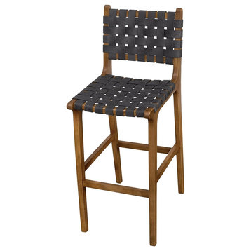 Modern Armless Bar Stool, Woven Faux Leather Straps Seat & Back
