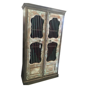 Mogul Interior - Consigned Jali Almirah Iron Bars Doors British Colonial Bookcase Armoire Cabinet - Armoires And Wardrobes