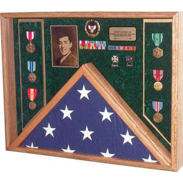 27" X 21" Solid Oak Burial Flag and Military Medal Display Case, USMC Emblem